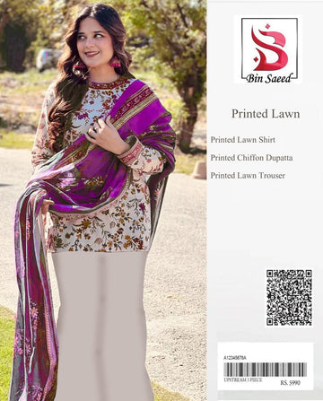 3PC LAWN PRINTED CHIFFON DUPATTA || BIN SAEED