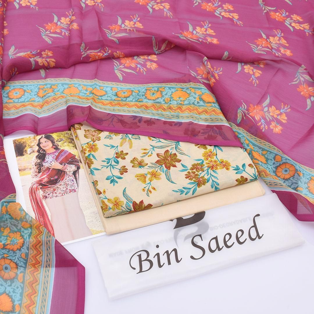 3PC LAWN PRINTED CHIFFON DUPATTA || BIN SAEED