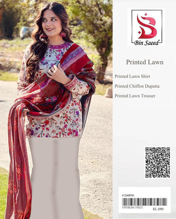 3PC LAWN PRINTED CHIFFON DUPATTA || BIN SAEED (02)