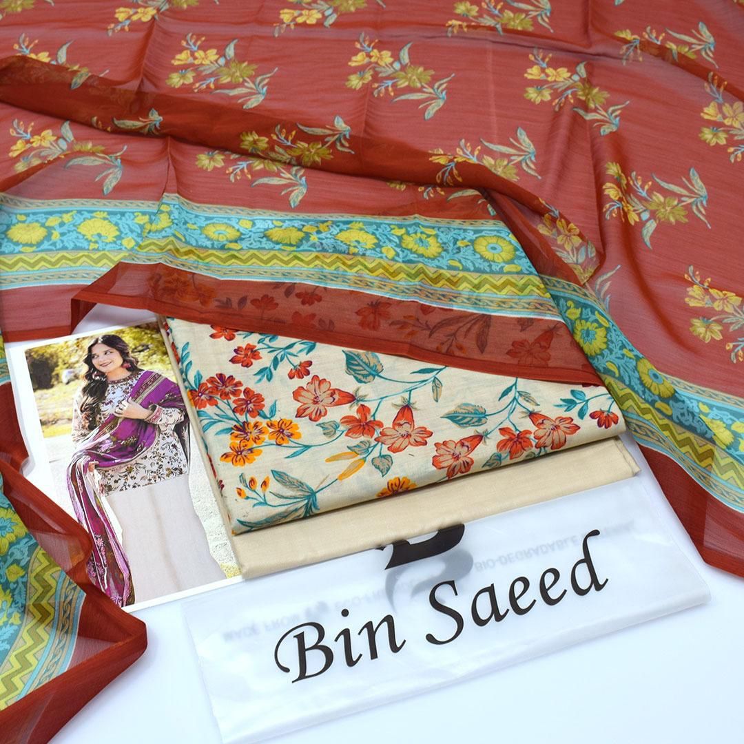 3PC LAWN PRINTED CHIFFON DUPATTA || BIN SAEED (02)