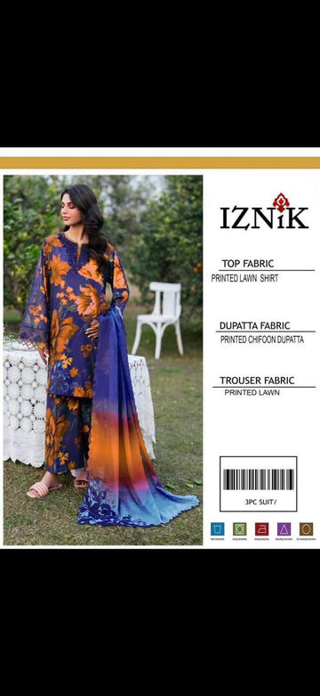 3PC LAWN PRINTED CHIFFON DUPATTA || IZNIK (01)